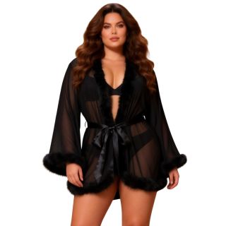 Black Sexy Mesh Mink Fur Trim Short Robe with Belt Large - Extra Large