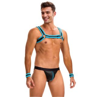 Men’s Faux Leather Jock & Harness Set with Zipper and Wrist Restraints - Extra Large