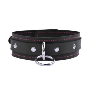 Vallera Black Leather Bondage Collar Pink Stitching