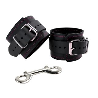 Vallera Black Leather Wrist Cuffs Pink Stitching