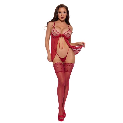 Angelina Lips Embroidery Babydoll & Bow G-String Set - XLarge