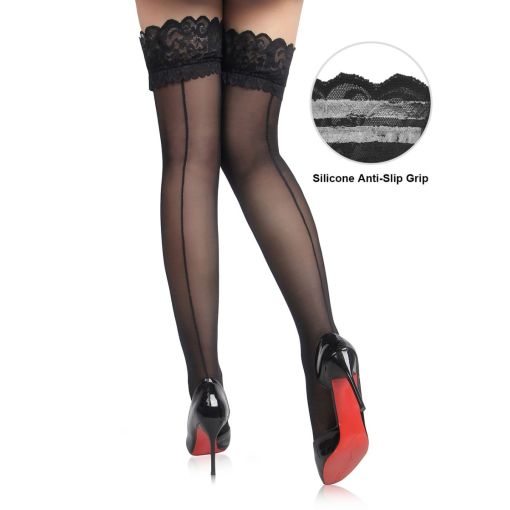 Black Sexy Lace Vertical Line Stockings with Silicone XSmall - Medium