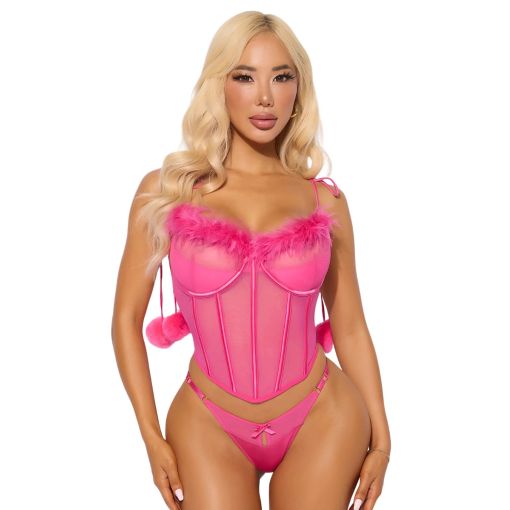 Marilyn Marabou & Mesh Tie Shoulder Bustier & G-String Set Large