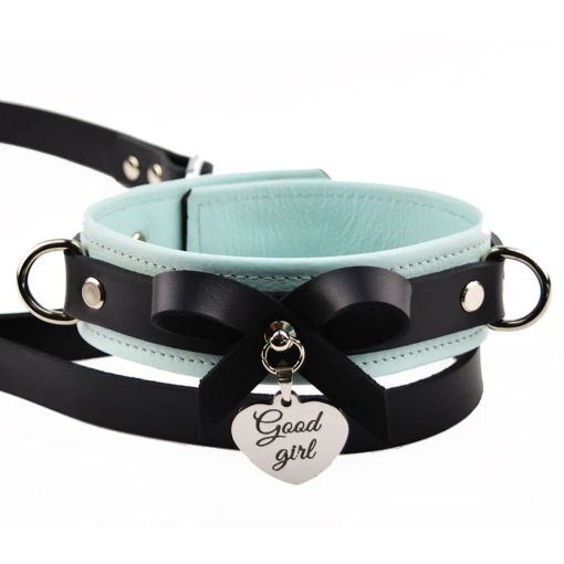 Mercy Industries Premium Leather Bow Collar & Leash Aqua, Black and Silver