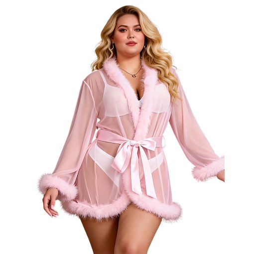 Pink Sexy Mesh Mink Fur Trim Short Robe with Belt 12 - 14
