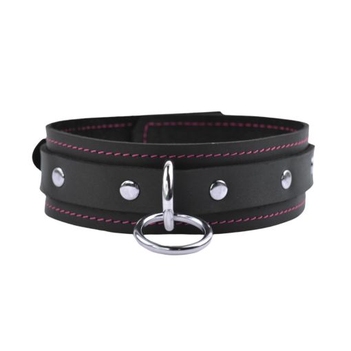 Vallera Black Leather Bondage Collar Pink Stitching