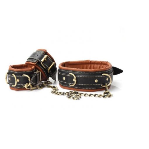 Black and Brown Leather Collar and Cuffs Set