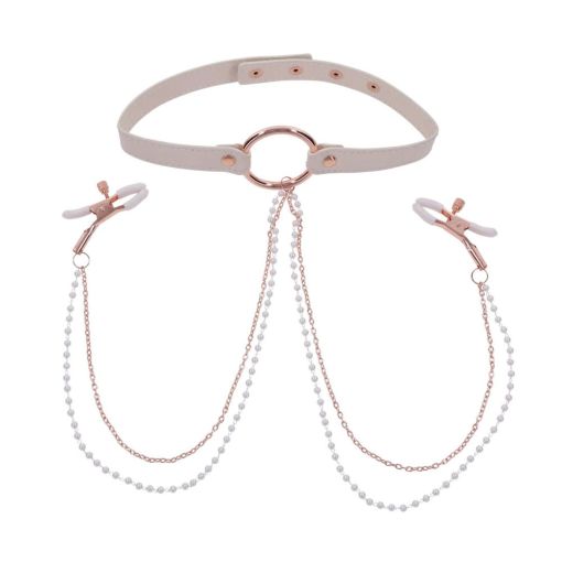 Sex & Mischief Peaches N Creame Collar with Nipple Clamps