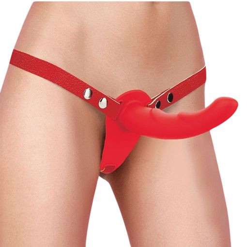Vibrating Silicone Ribbed Strap-On Adjustable & Rechargeable - Red