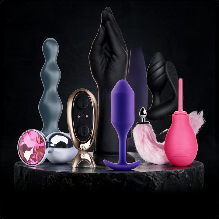 Anal toys including butt plugs, beads and a douche