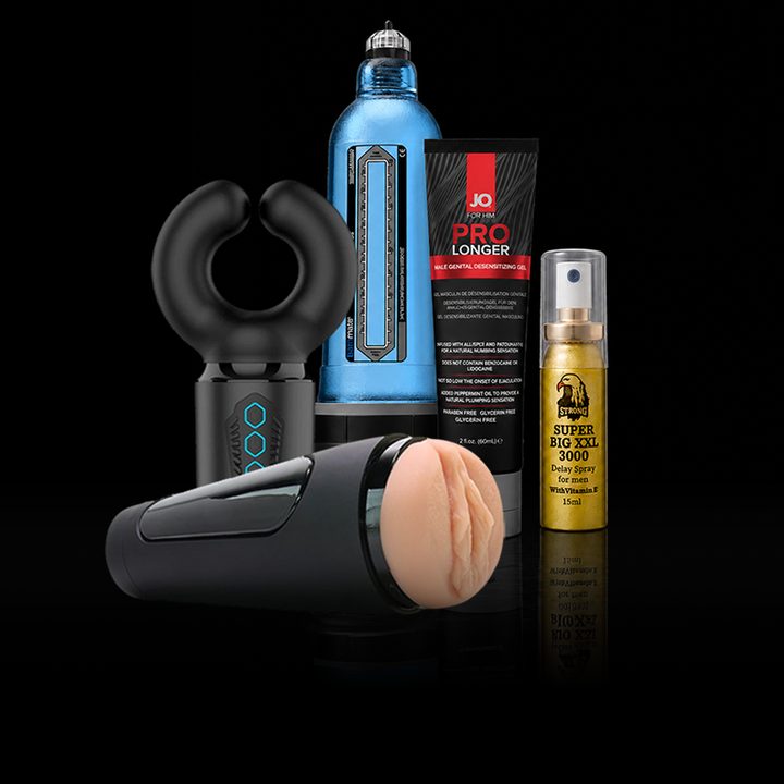 Male toys including a pump, masturbator, cock ring and delay spray